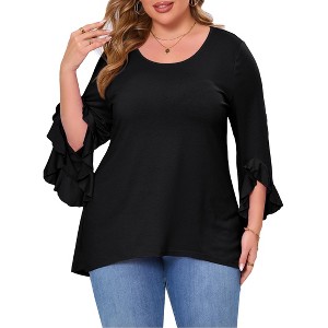 Womens Plus Size Tops 3/4 Ruffle Sleeve Shirts Loose V-Neck Dressy Casual Tunic Blouses - 1 of 4