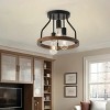 Modern Industrial Semi Flush Mount Ceiling Light, Black and Wood Drum Fixture - 3 of 4