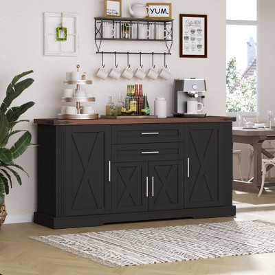 Okak Farmhouse Sideboard Buffet Cabinet with Storage, Fluted Wood Kitchen Console Table with 4 Doors & 3 Drawers for Dining Room Entryway