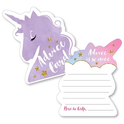 Big Dot of Happiness Rainbow Unicorn - Wish Card Magical Unicorn Baby Shower Activities - Shaped Advice Cards Game - Set of 20