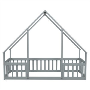 COWLOWN Twin Wood House-Shaped Floor Bed with Fence Guardrails, Play & Sleep Bed for Kids - 1 of 4