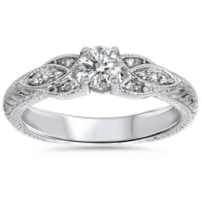 Pompeii3 3/8ct Vintage Diamond Floral Engraved Engagement Ring 14K White Gold