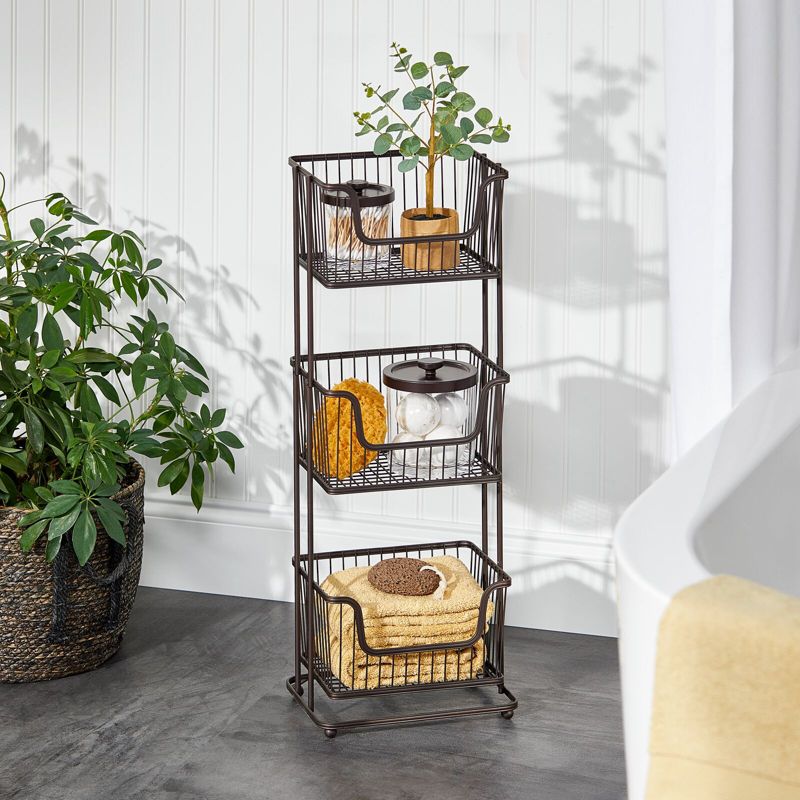 mDesign Tall Standing Bathroom Shelf Holder Rack - 3 Metal Wire Baskets, 2 of 8