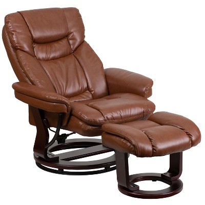 Brown Leather Swivel Recliner with Ottoman and Wood Base