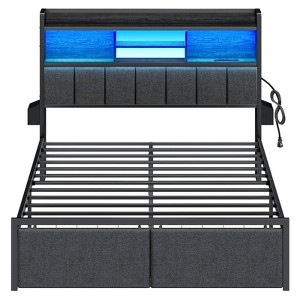 Furnulem Full and Queen Bed Frame with Upholstered Headboard and Storage Drawers, Charging Station and LED Lights, No Box Spring Needed, Noise Free - 1 of 4