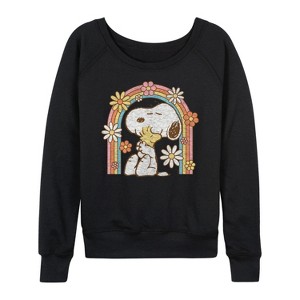 Women's - Peanuts - Retro Flower Rainbow Lightweight French Terry Wide Neck Long Sleeve Shirt - 1 of 4