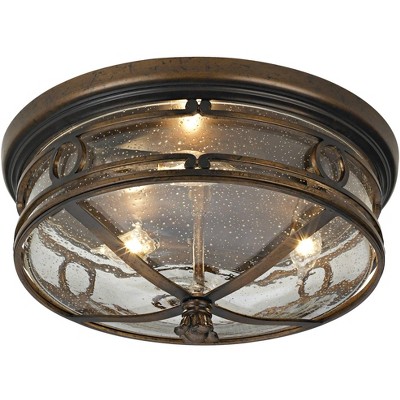 Bronze 14" Seedy Glass Flush Mount Indoor/Outdoor Ceiling Light