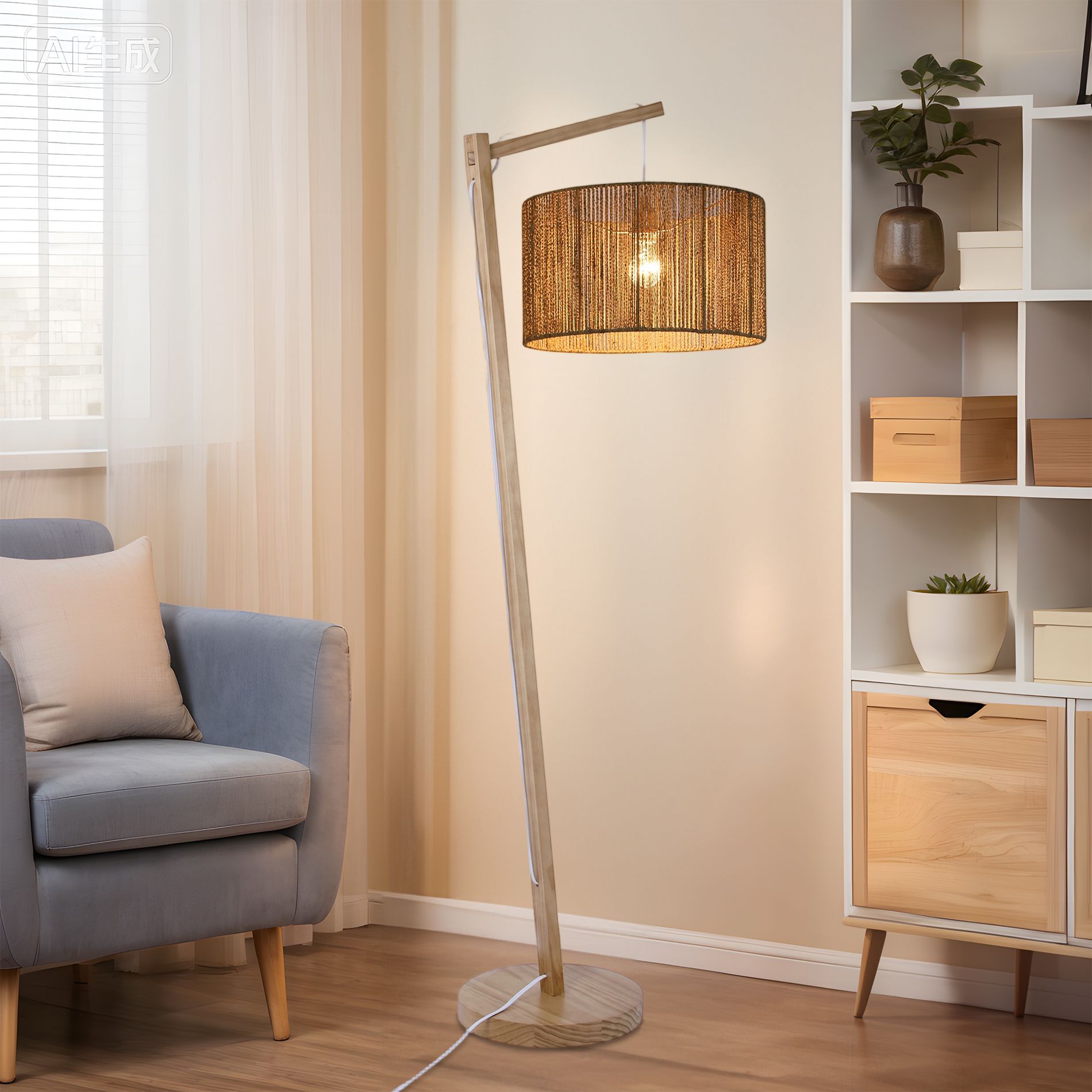 64" Handwoven Hemp Rope Floor Lamp with Solid Wood Base, Boho Style Standing Lamp for Bedroom, Living Room & Reading Corner