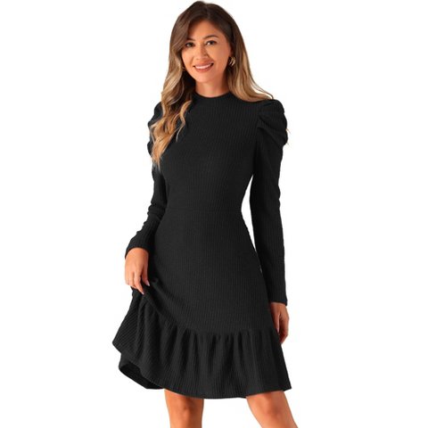Женские платья INSPIRE CHIC Women's Crew Neck Stretchy Puff Long Sleeve Ruffle Knit Dresses Black Small
