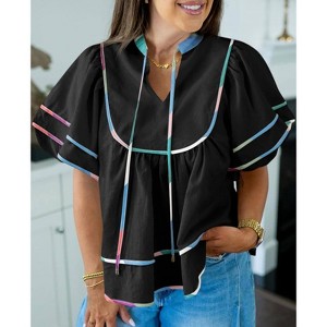 Imily Bela Women's Doll Shirt Top V-Neck Short Lantern Sleeve Blouse Cute Ruffle Flowing Summer Top - 1 of 4