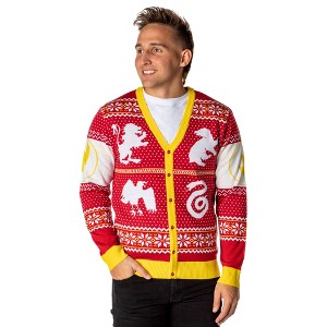 Seven Times Six Harry Potter Men's Hogwarts Houses Ugly Christmas Sweater Cardigan Red - 1 of 4