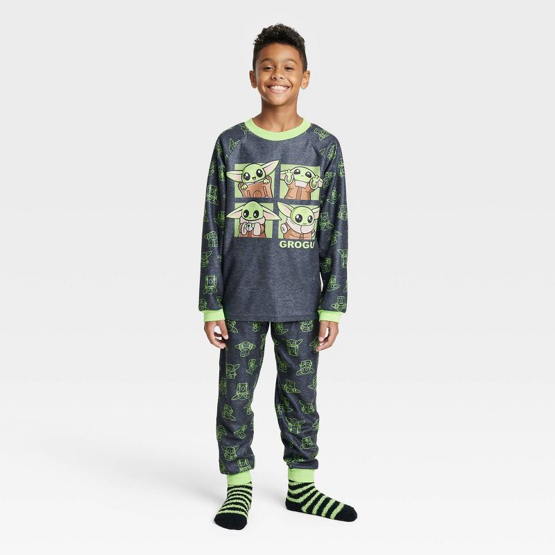 Boys&#39; Star Wars: The Mandalorian The Child Pajama Set with Cozy Socks - Gray, 1 of 5
