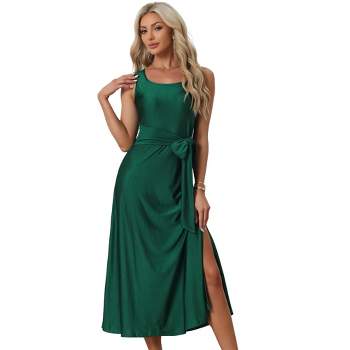 Allegra K Women's Summer Sleeveless Square Neck Solid Color Waist Strap Maxi Dress