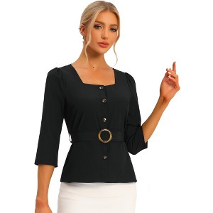 Allegra K Women's Square Neck 3/4 Sleeve Belted Button Front Work Peplum Blouse - 1 of 4