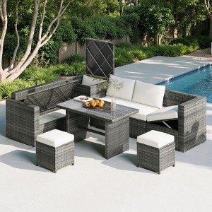 6-Piece Outdoor Rattan Modular Sectional Sofa Set with Adjustable Seat, Storage Box, and Dining Table - 1 of 4