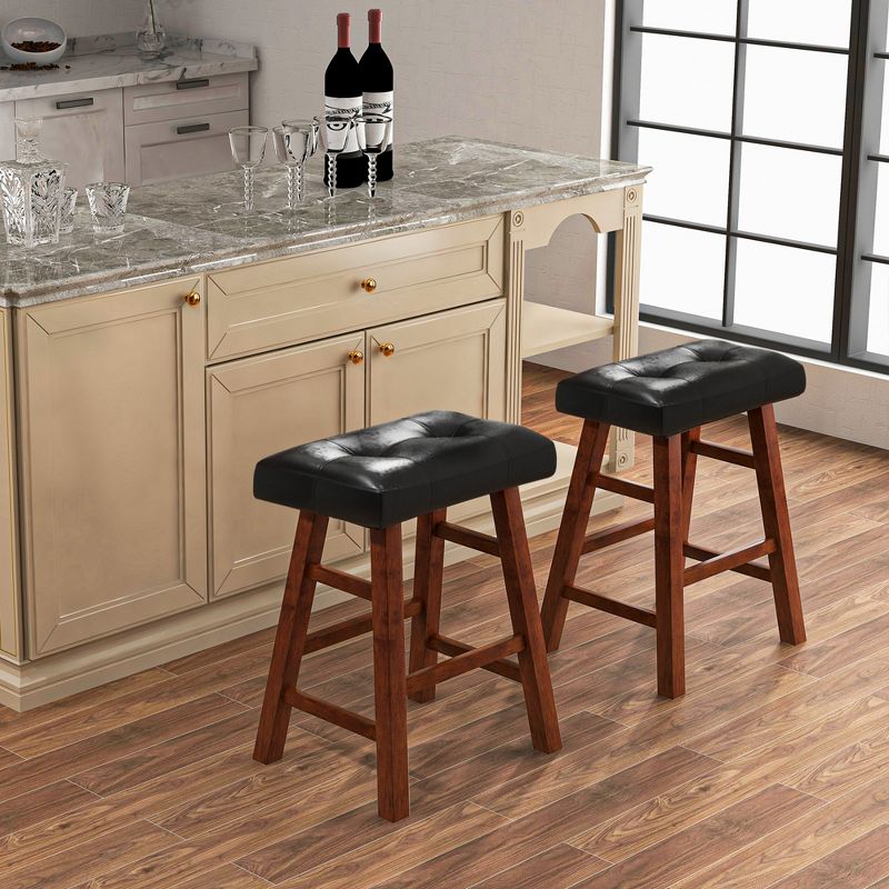 Costway Set of 2 Upholstered Barstools 24''/29'' Backless Rubberwood Dining Chairs Black&Brown, 2 of 10