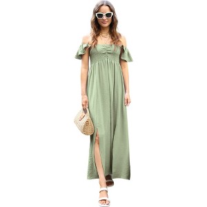 Anna-Kaci Women's Flutter Sleeve Shirred Smocked Bodice Maxi Dress with Front Slits - 1 of 4