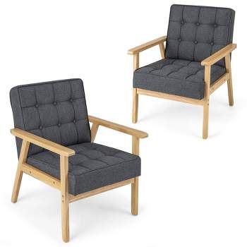Tangkula Modern Accent Chair Set of 2 Upholstered Armchair w/ Rubber Wood Armrests