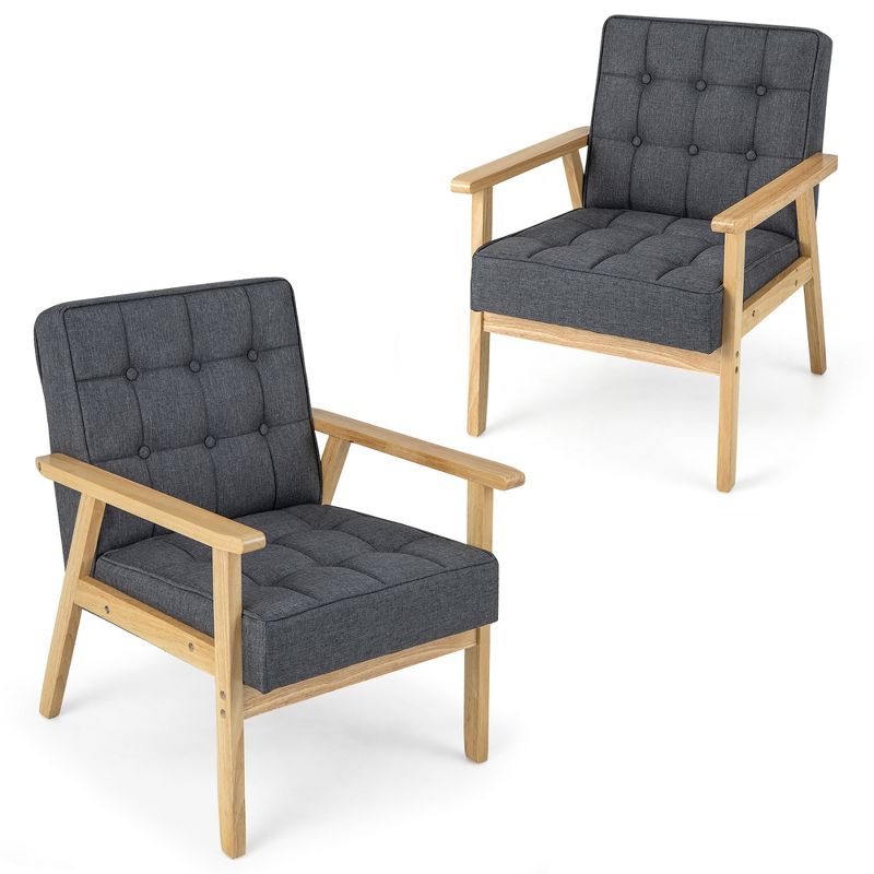 Tangkula Modern Accent Chair Set of 2 Upholstered Armchair w/ Rubber Wood Armrests, 1 of 11