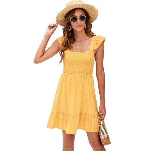 Whizmax Women s Summer Sleeveless Cute Sundress Dress Casual Smocked Ruffle Tie Back Flowy Short Mini Dresses Yellow L Target