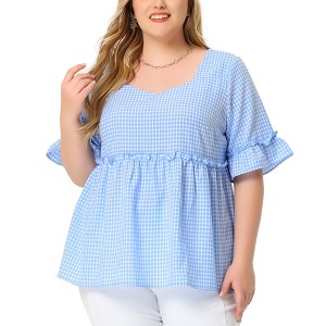 Agnes Orinda Women's Plus Size Plaid Peplum Sweetheart Neck Ruffle Sleeve Babydoll Blouses - 1 of 4