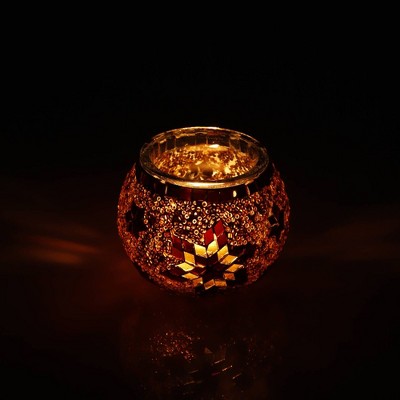 Handmade Ecru and Brown Mosaic Glass Votive Candle Holder