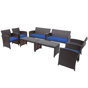 Tangkula 8PCS Outdoor Patio Furniture Sets Weather-Resistant Rattan Sofas w/ Soft Cushion Navy