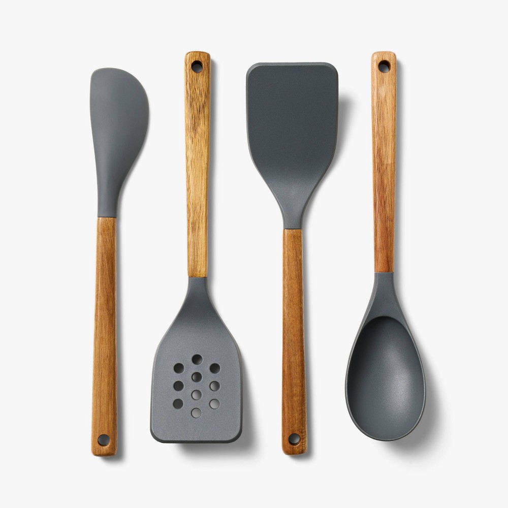 Photos - Other Accessories 4pc Wood/Nylon Kitchen Utensil Set Gray - Figmint™