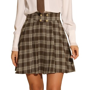 INSPIRE CHIC Women's Vintage Plaid Double Breasted A-Line Pleated Mini Skirt - 1 of 4