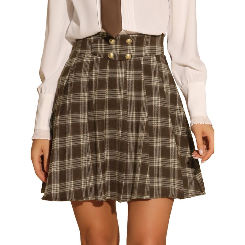 Allegra K Women's Vintage Plaid Double Breasted A-Line Pleated Mini Skirt, 1 of 6