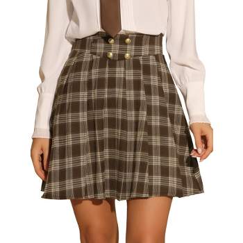 Allegra K Women's Vintage Plaid Double Breasted A-Line Pleated Mini Skirt