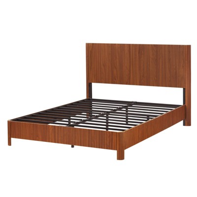 SEVOBAL Bedroom Furniture Bed Frame Queen Size Iron MDF Wooden Corrugated Curved Lines Sturdy No Box Spring for Family, Brown, 49.61"*26.57"*7.87"