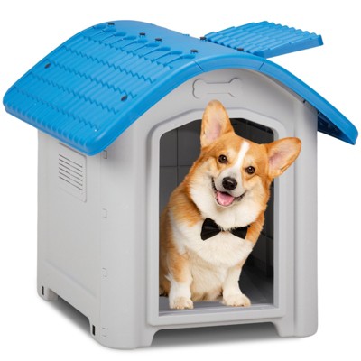 phiestina 28 inch Raised Plastic Dog House, Blue & White, with Adjustable Sunroof and Elevated Base for Small Dogs