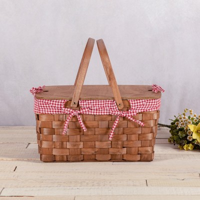 Kansas Large Handwoven Wood Picnic Basket with Red and White Gingham Pattern