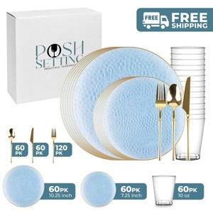 Posh Setting 420 Piece Blue And Gold Plastic Party Bundle - Organic Hammered (60 Settings) - 1 of 4
