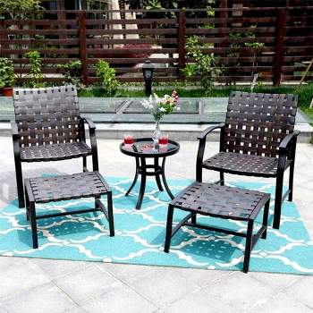 5pc Strap Chairs, Ottomans & Glass Top Side Coffee Table - Captiva Designs