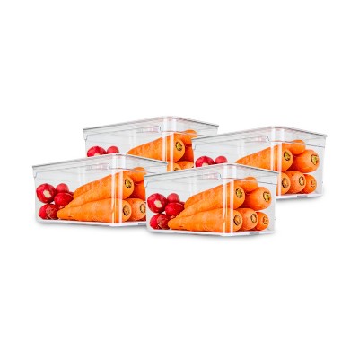 OU Fridge Organizer Bin with Vented Lid, Clear Stackable Refrigerator Storage Container, Produce Kitchen Storage Bin, BPA Free, 4 Pack