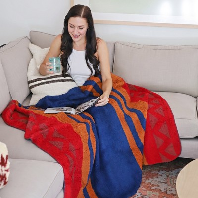 Southwestern Striped Reversible Sherpa Fleece Throw Blanket, 50 x 60 inches