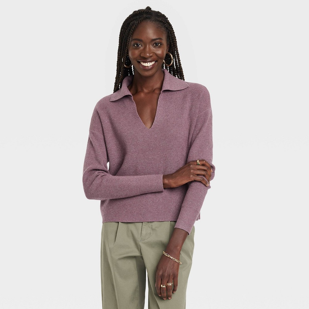 Women's Collared Polo Ribbed Pullover Sweater - A New Day Purple M