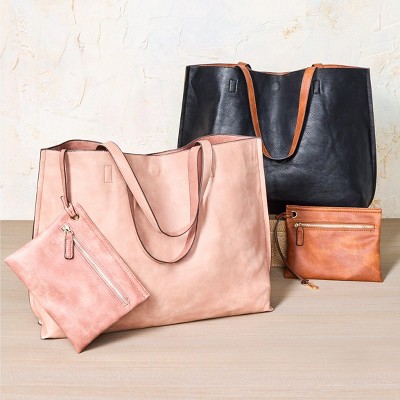 Сумки Lakeside The Lakeside Collection Women's Faux Leather Reversible Tote Bag with Matching Purse - Black/Cognac — фото 2