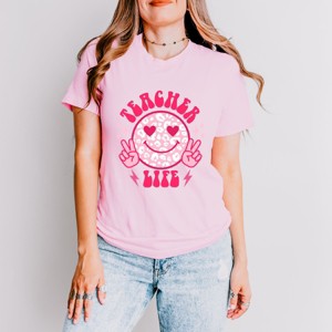 Simply Sage Market Teacher Life Leopard Smiley Face Short Sleeve Tee - S - Pink - 1 of 4