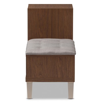 Walnut Wood & Light Gray Fabric 3-Drawer Shoe Storage Bench