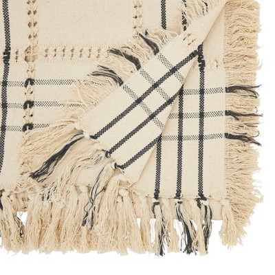 Beige Cotton Plaid Hemstitch Table Runner with Fringe