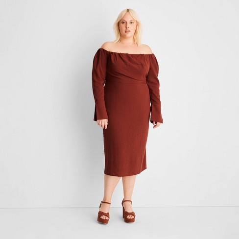 Women's Off The Shoulder Long Sleeve Midi Dress - Future Collective™ With Reese  Blutstein Rust 22 : Target