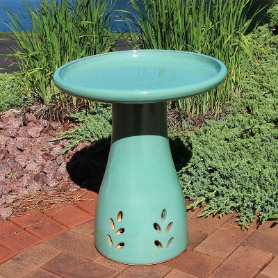 Seafoam Glazed Ceramic Hand-Painted Outdoor Bird Bath Stand
