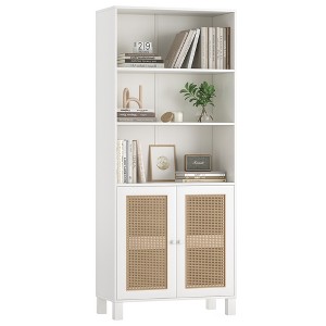 QingMoon Bookshelf with Rattan Doors, 5 Tier Wood Storage Bookcase with Freestanding Display Shelves for Library, Living Room and Home Office - 1 of 4