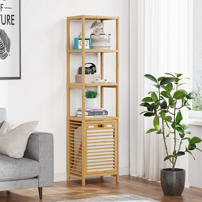 Acoinel 4-tier Bamboo Tilt-out Cabinet Laundry Hamper With Basket, Shelves