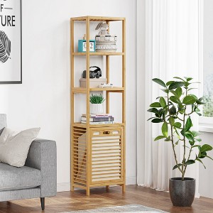 Acoinel 4-tier Bamboo Tilt-out Cabinet Laundry Hamper With Basket, Shelves - 1 of 4