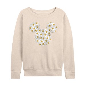 Women's - Disney - Mickey Head Daisies Lightweight French Terry Wide Neck Long Sleeve Shirt - 1 of 4