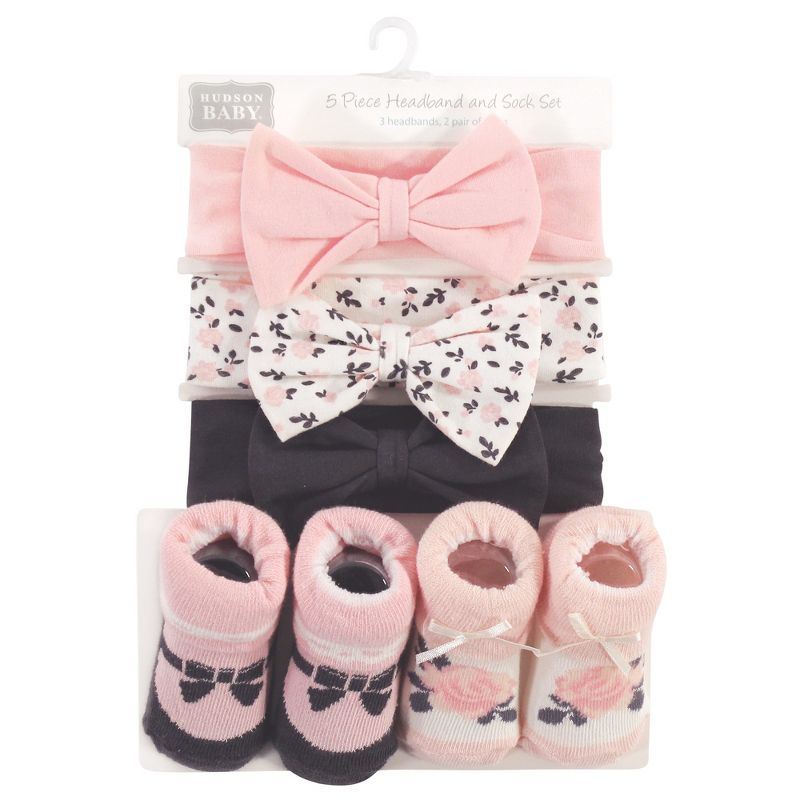 Hudson Baby Infant Girl Headband and Socks Set 5pk, Berry Floral, 0-9 Months, 3 of 4